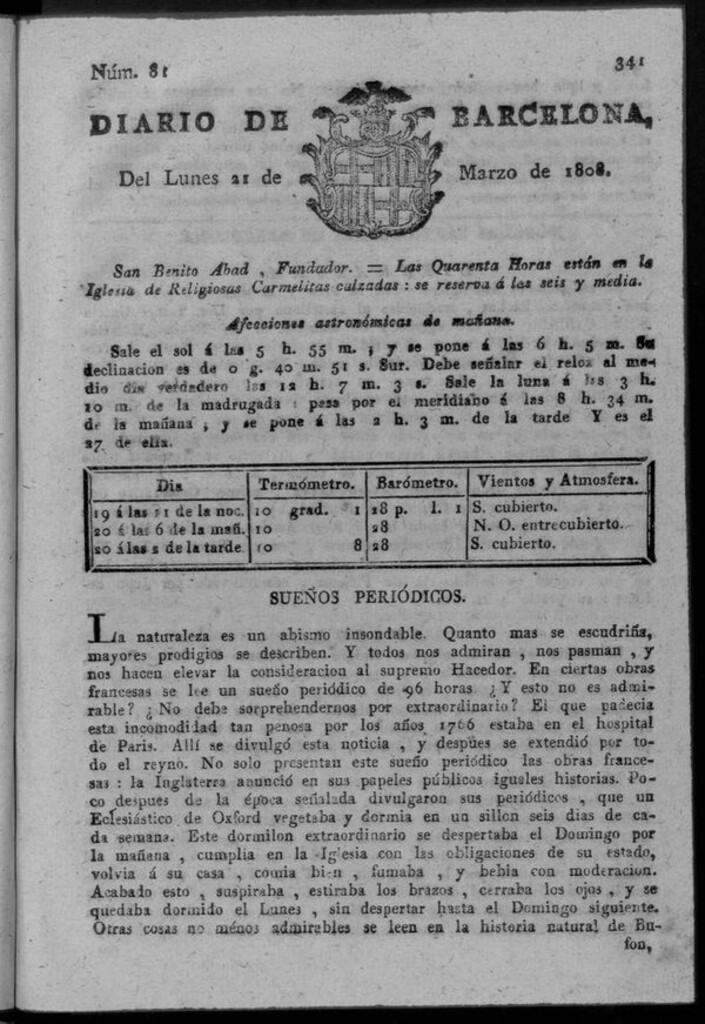 Miniatura de Diario de Barcelona del lunes 21 de marzo de 1808