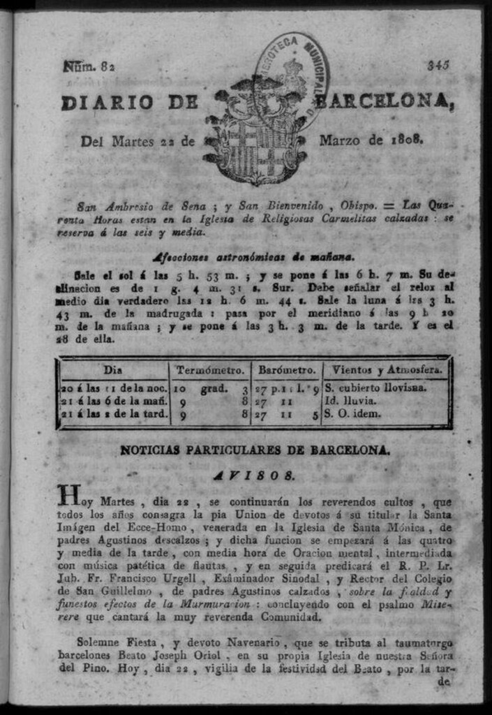 Miniatura de Diario de Barcelona del martes 22 de marzo de 1808