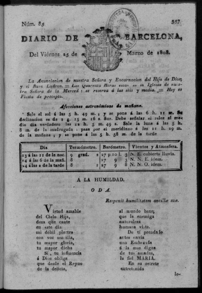 Miniatura de Diario de Barcelona del viernes 25 de marzo de 1808