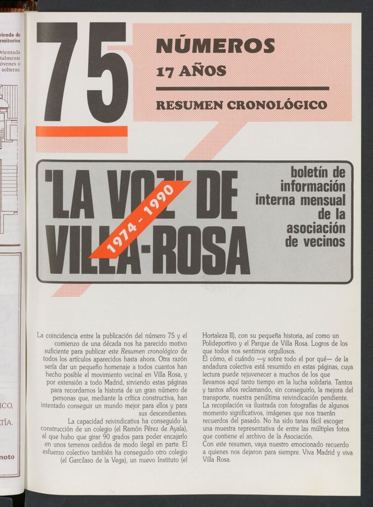 Miniatura de La Voz de Villa-Rosa: boletín informativo mensual de la asociación de vecinos. Resumen cronológico: 1974-1990