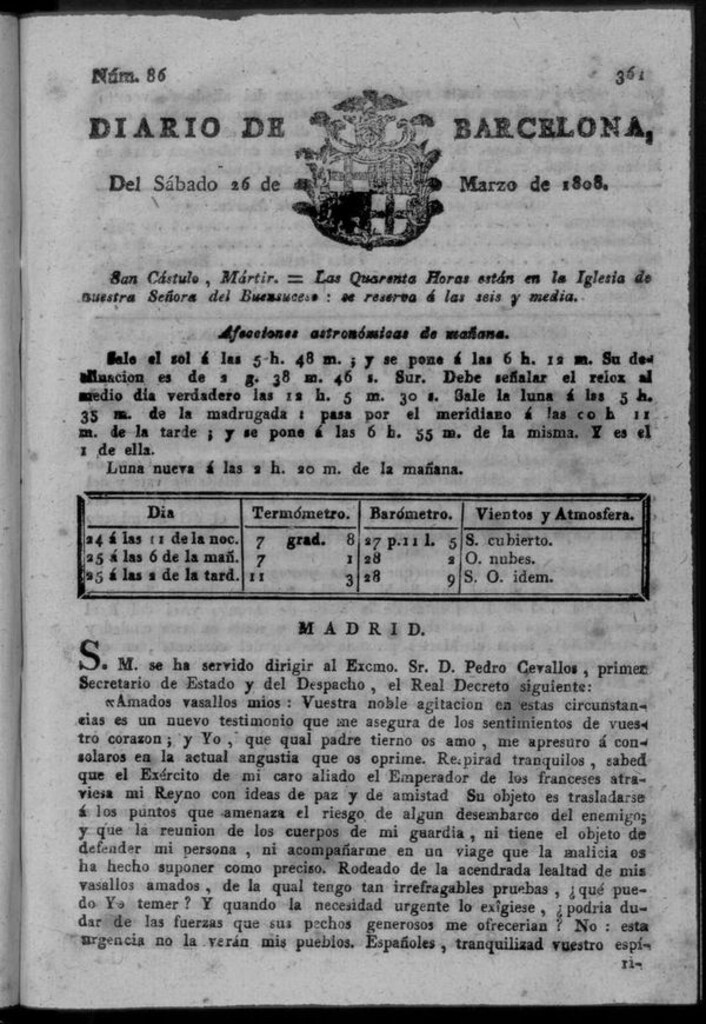Miniatura de Diario de Barcelona del sábado 26 de marzo de 1808