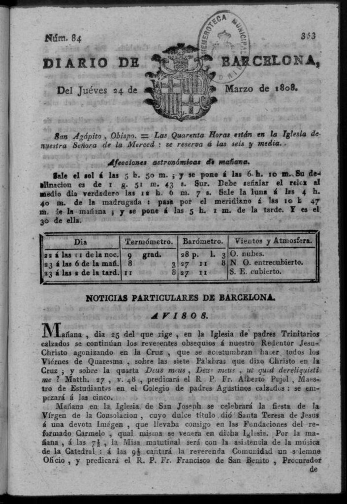 Miniatura de Diario de Barcelona del jueves 24 de marzo de 1808