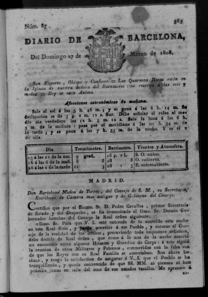 Miniatura de Diario de Barcelona del domingo 27 de marzo de 1808
