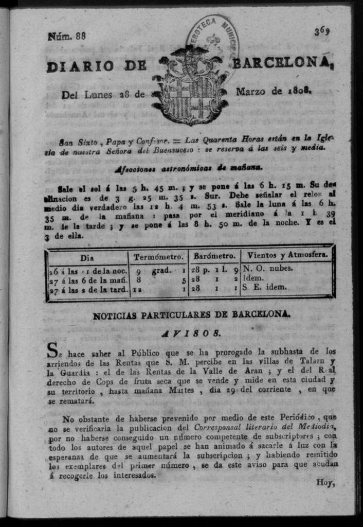 Miniatura de Diario de Barcelona del lunes 28 de marzo de 1808