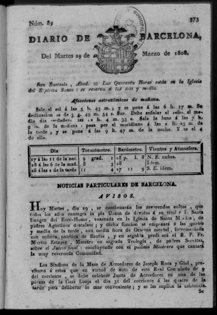 Miniatura de Diario de Barcelona del martes 29 de marzo de 1808