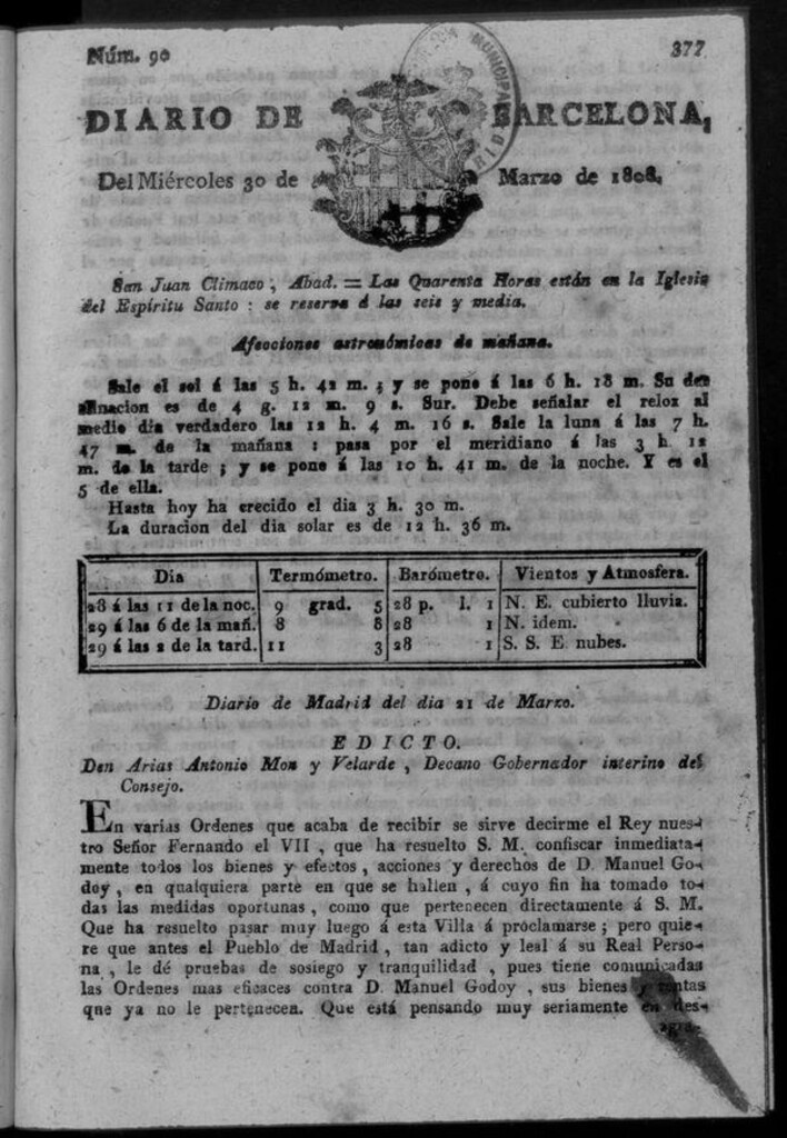 Miniatura de Diario de Barcelona del miércoles 30 de marzo de 1808