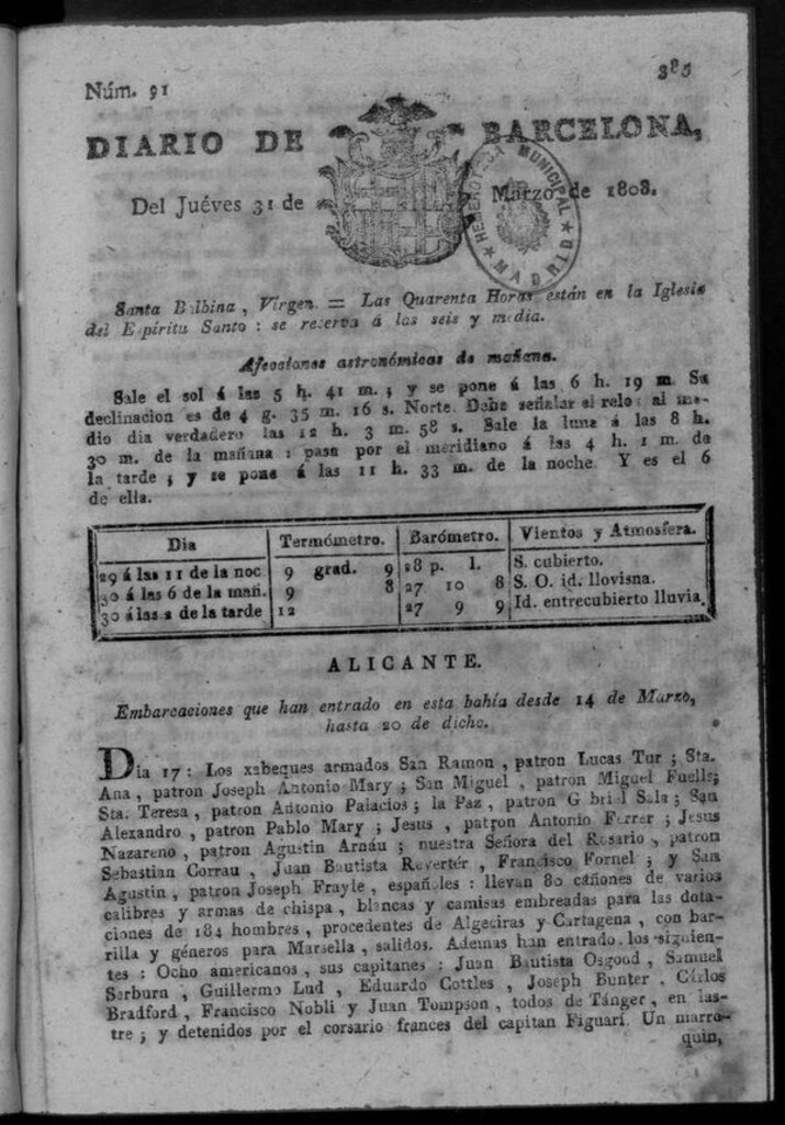 Miniatura de Diario de Barcelona del jueves 31 de marzo de 1808