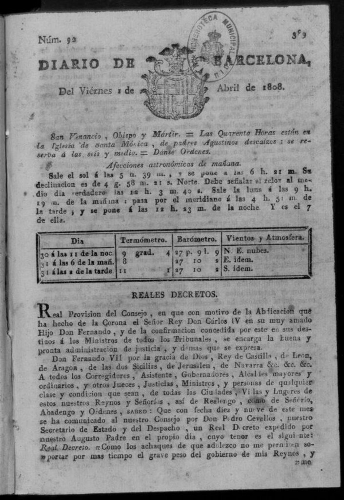 Miniatura de Diario de Barcelona del viernes 1 de abril de 1808