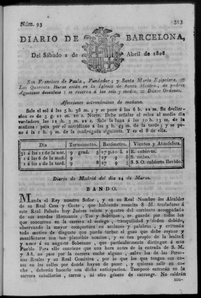 Miniatura de Diario de Barcelona del sábado 2 de abril de 1808