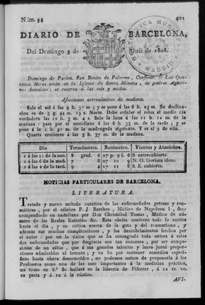 Miniatura de Diario de Barcelona del domingo 3 de abril de 1808