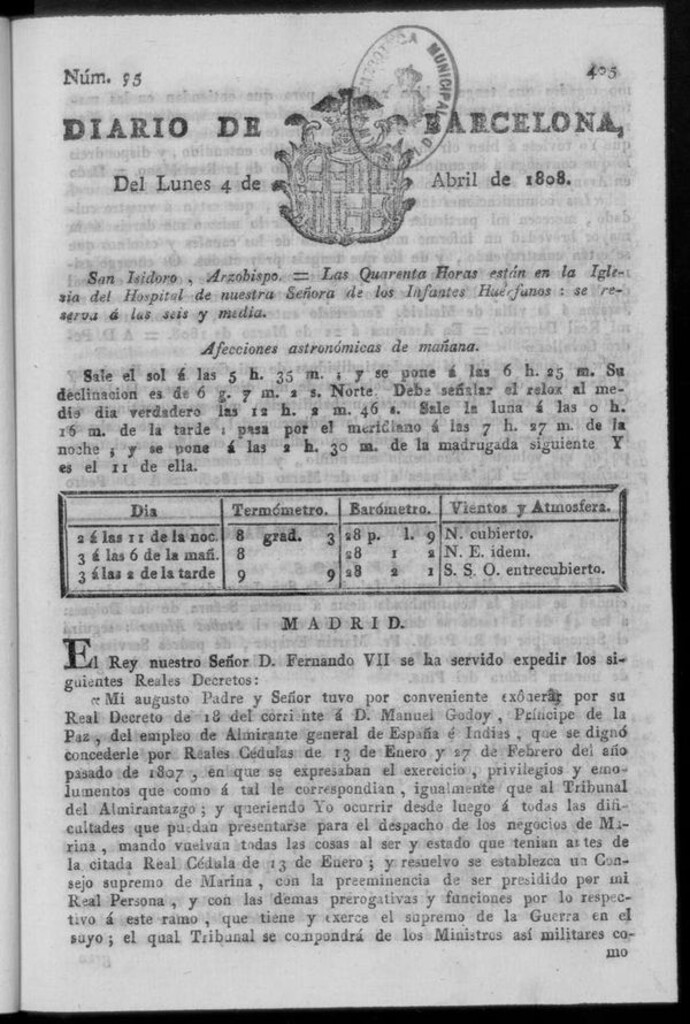 Miniatura de Diario de Barcelona del lunes 4 de abril de 1808