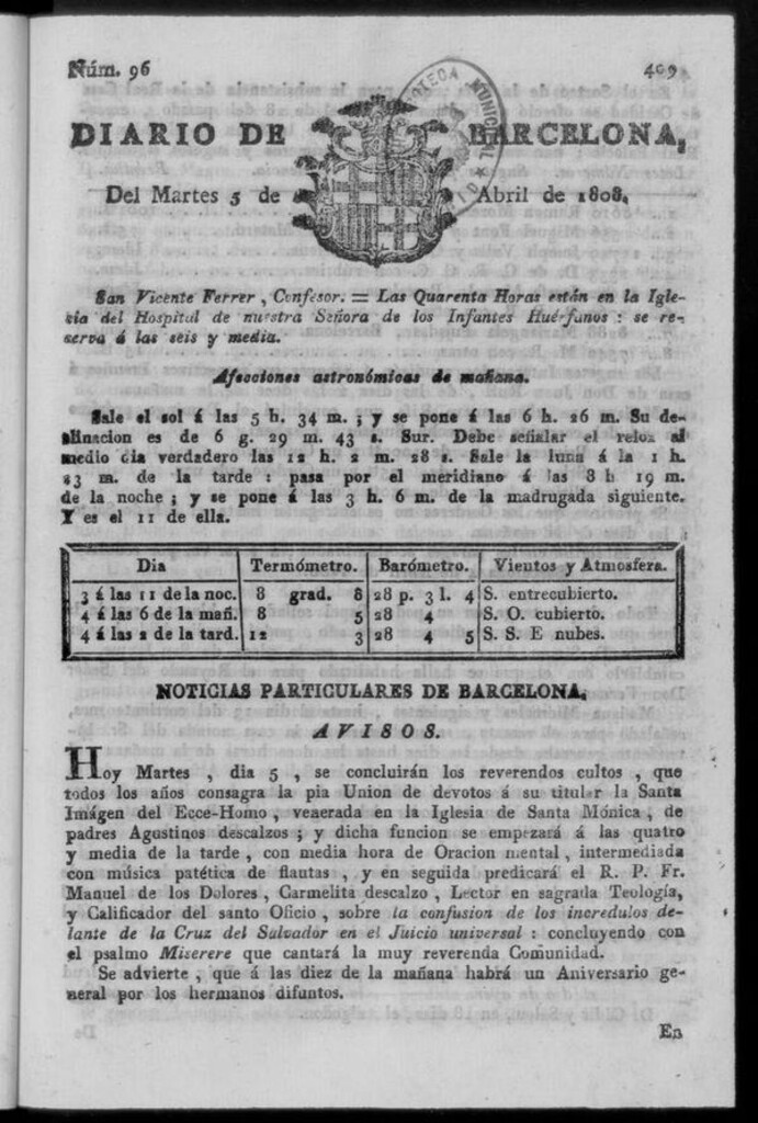 Miniatura de Diario de Barcelona del martes 5 de abril de 1808