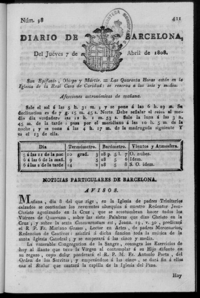 Miniatura de Diario de Barcelona del jueves 7 de abril de 1808