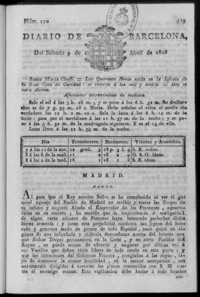 Miniatura de Diario de Barcelona del sábado 9 de abril de 1808