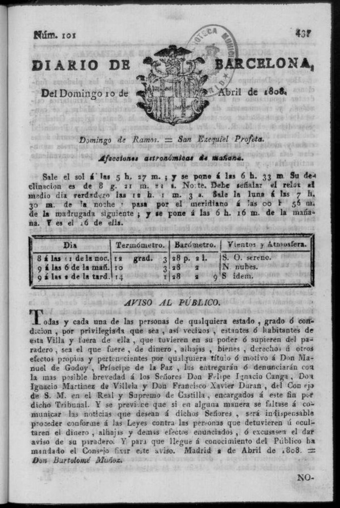 Miniatura de Diario de Barcelona del domingo 10 de abril de 1808