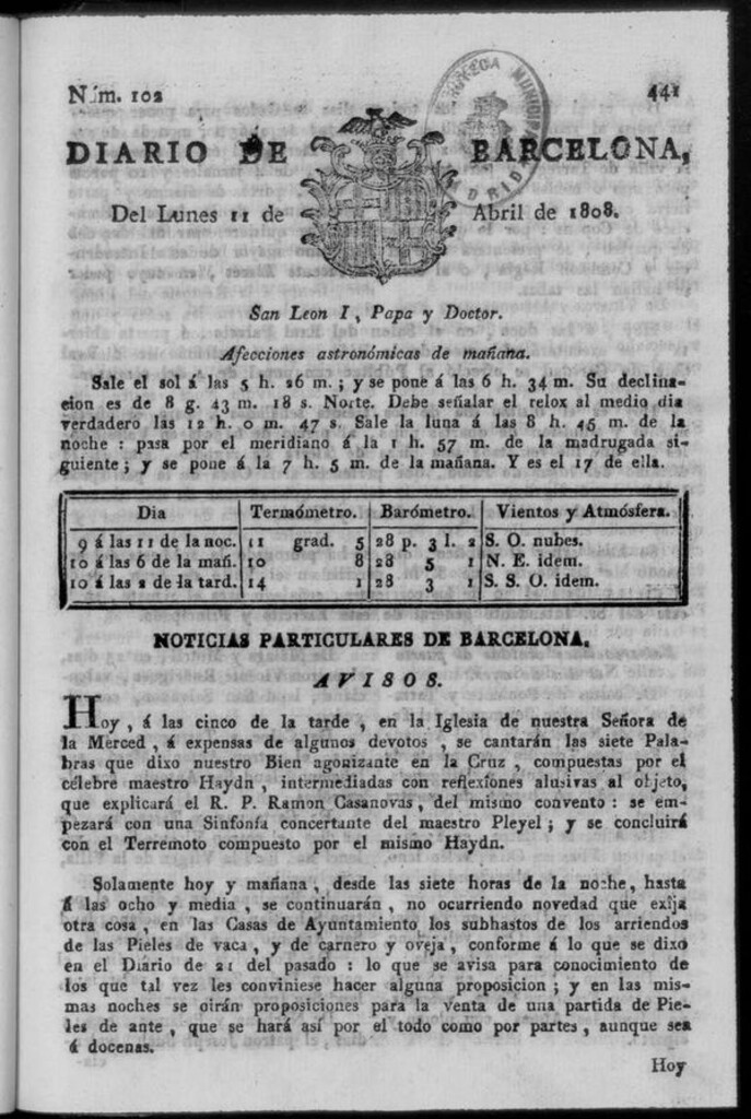 Miniatura de Diario de Barcelona del lunes 11 de abril de 1808