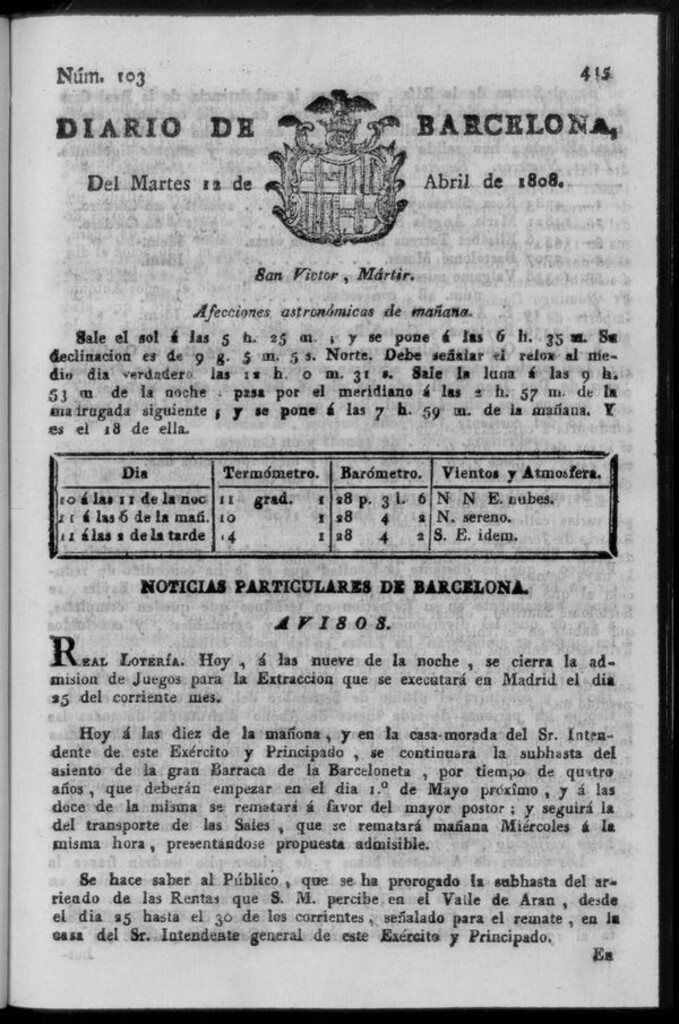 Miniatura de Diario de Barcelona del martes 12 de abril de 1808