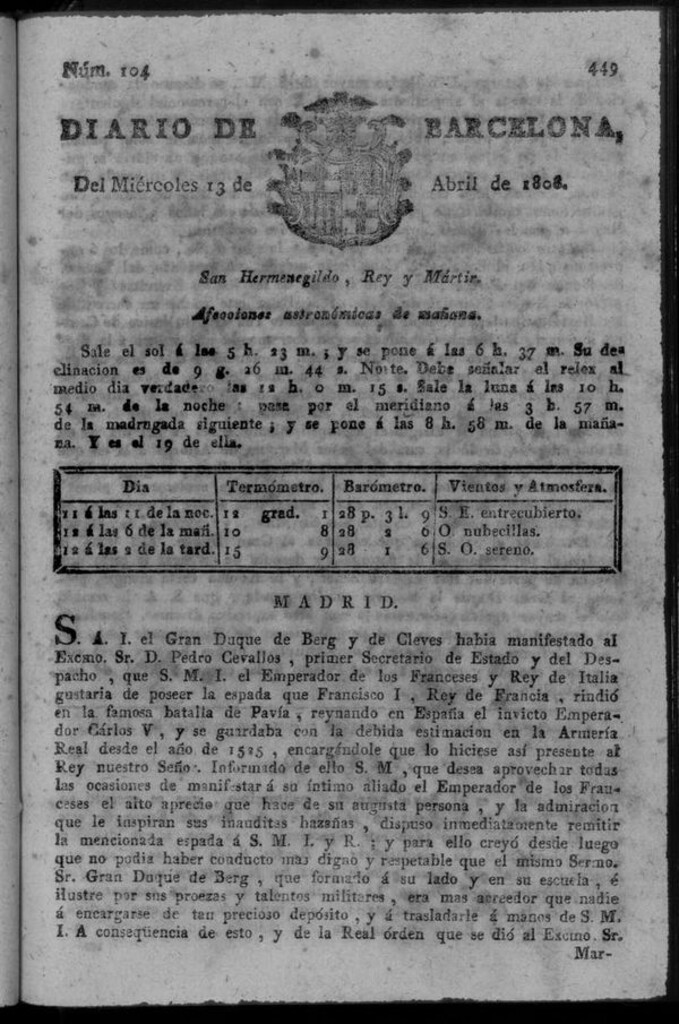 Miniatura de Diario de Barcelona del miércoles 13 de abril de 1808