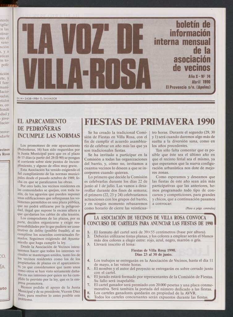 Miniatura de La Voz de Villa-Rosa: boletín informativo mensual de la asociación de vecinos, nº 74 de abril de 1990