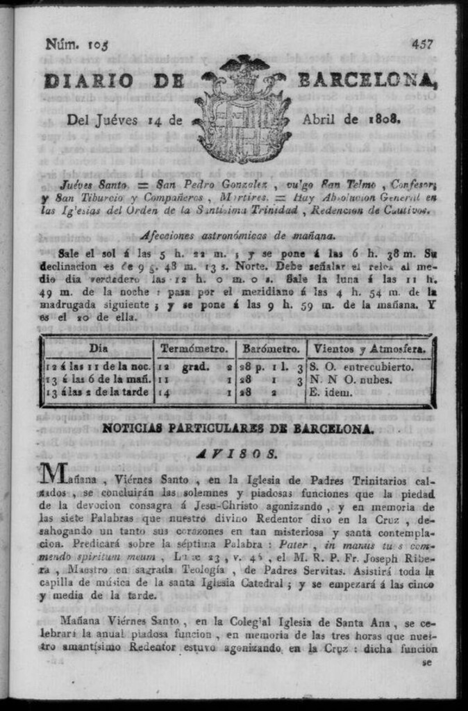 Miniatura de Diario de Barcelona del jueves 14 de abril de 1808