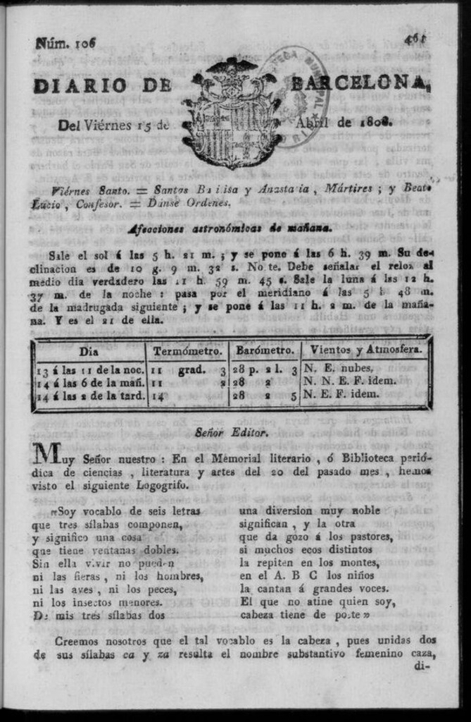 Miniatura de Diario de Barcelona del viernes 15 de abril de 1808