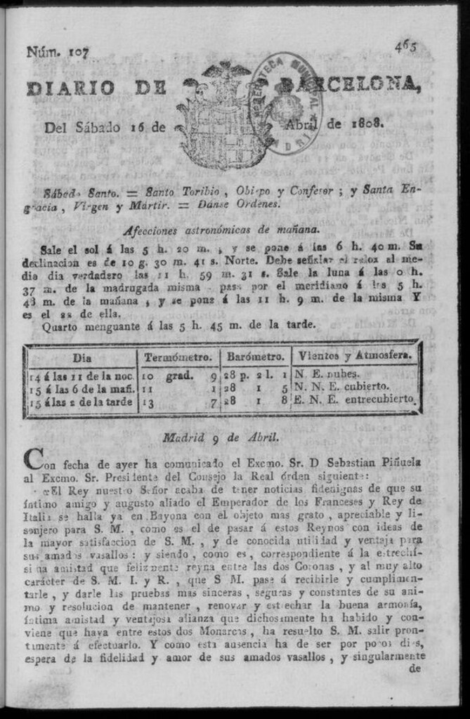 Miniatura de Diario de Barcelona del sábado 16 de abril de 1808