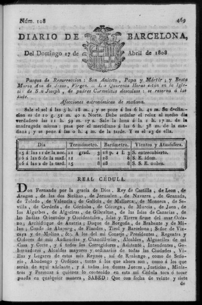 Miniatura de Diario de Barcelona del domingo 17 de abril de 1808