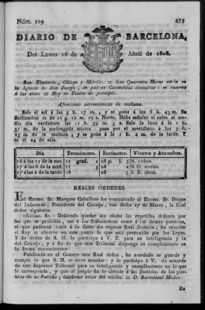 Miniatura de Diario de Barcelona del lunes 18 de abril de 1808