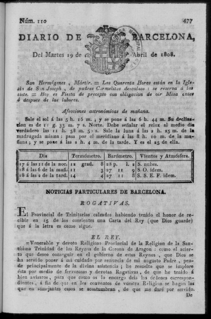 Miniatura de Diario de Barcelona del martes 19 de abril de 1808