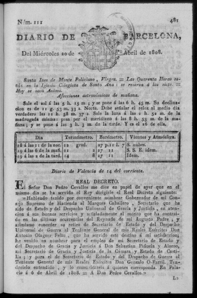 Miniatura de Diario de Barcelona del miércoles 20 de abril de 1808