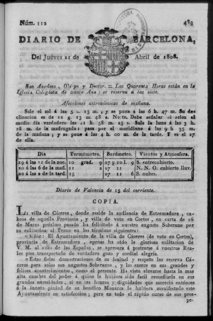 Miniatura de Diario de Barcelona del jueves 21 de abril de 1808