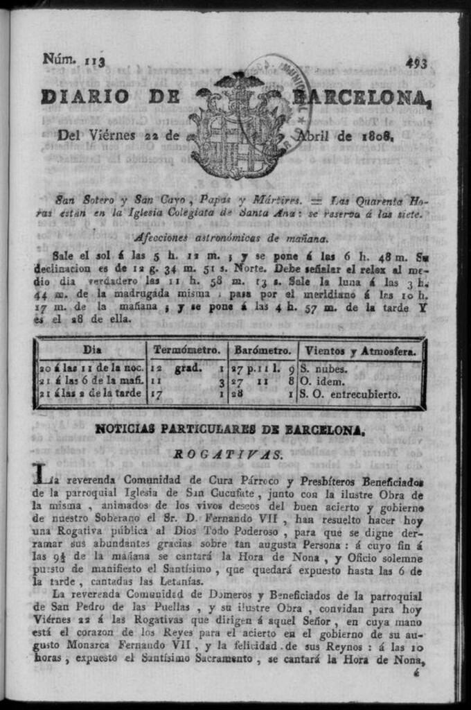 Miniatura de Diario de Barcelona del viernes 22 de abril de 1808