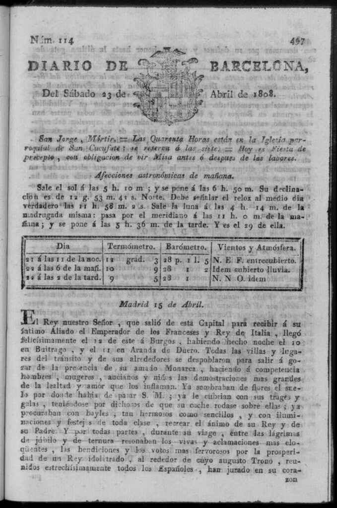 Miniatura de Diario de Barcelona del sábado 23 de abril de 1808