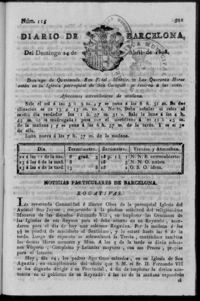 Miniatura de Diario de Barcelona del domingo 24 de abril de 1808