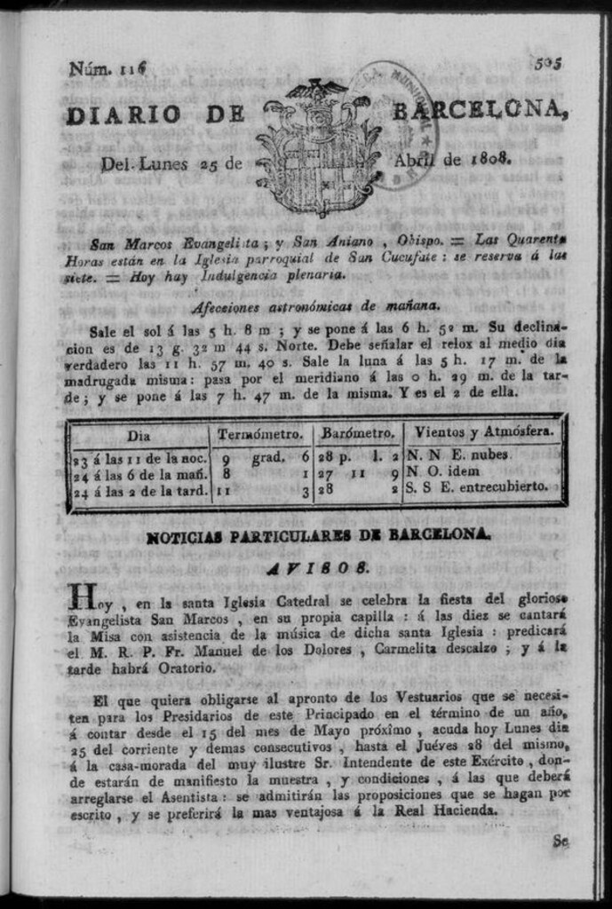 Miniatura de Diario de Barcelona del lunes 25 de abril de 1808