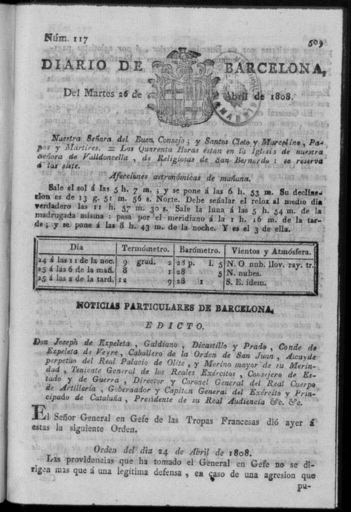 Miniatura de Diario de Barcelona del martes 26 de abril de 1808