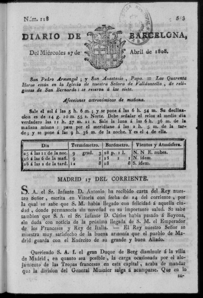 Miniatura de Diario de Barcelona del miércoles 27 de abril de 1808