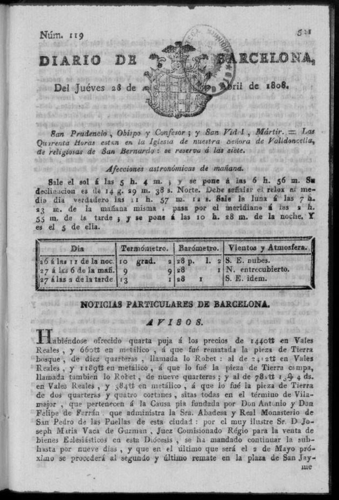 Miniatura de Diario de Barcelona del jueves 28 de abril de 1808