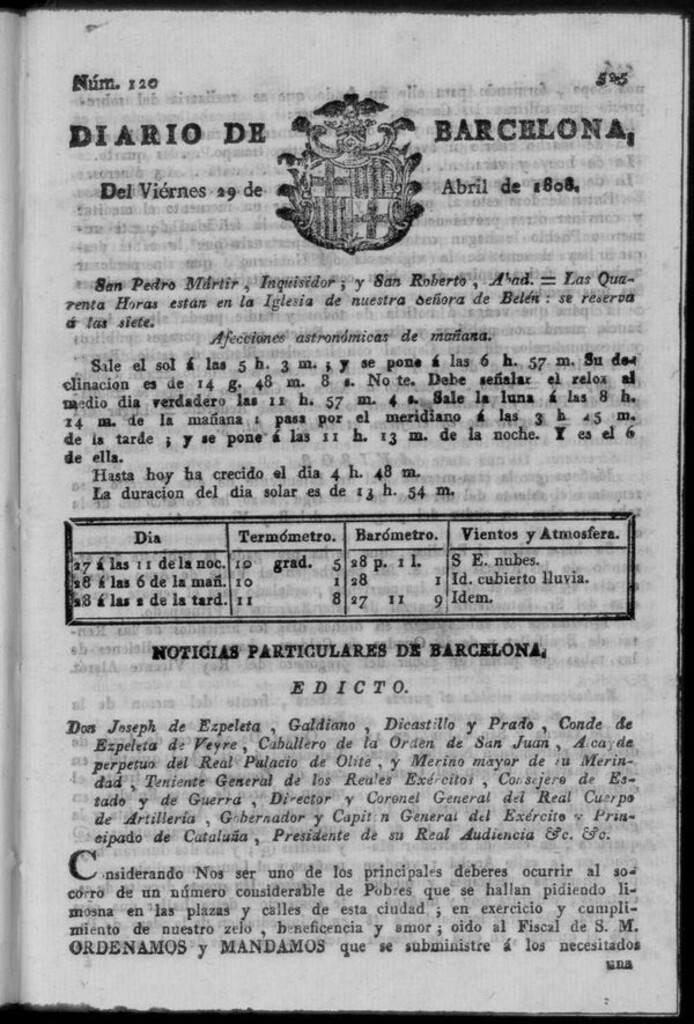 Miniatura de Diario de Barcelona del viernes 29 de abril de 1808