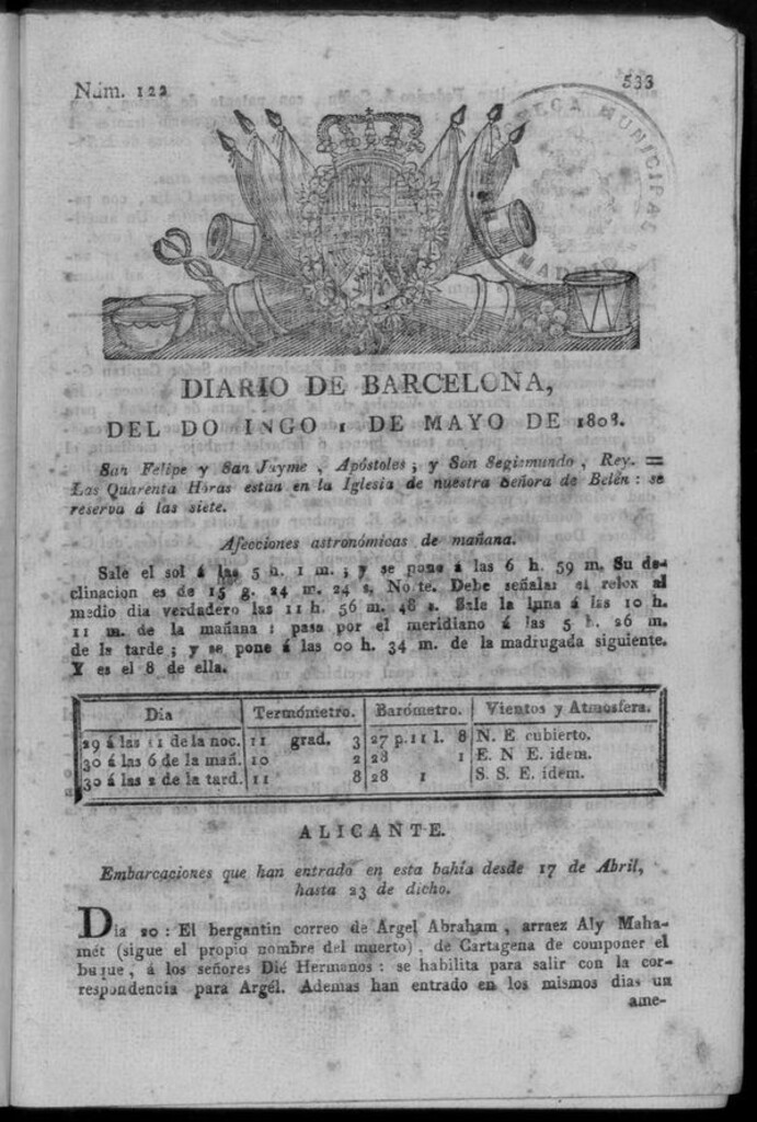 Miniatura de Diario de Barcelona del domingo 1 de mayo de 1808