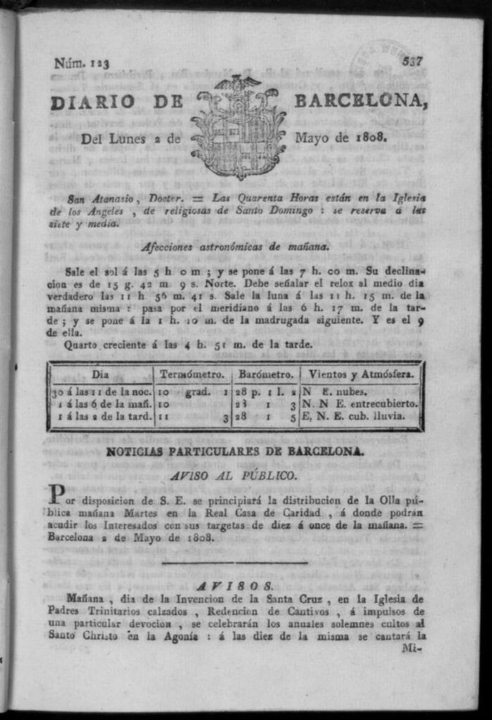 Miniatura de Diario de Barcelona del lunes 2 de mayo de 1808