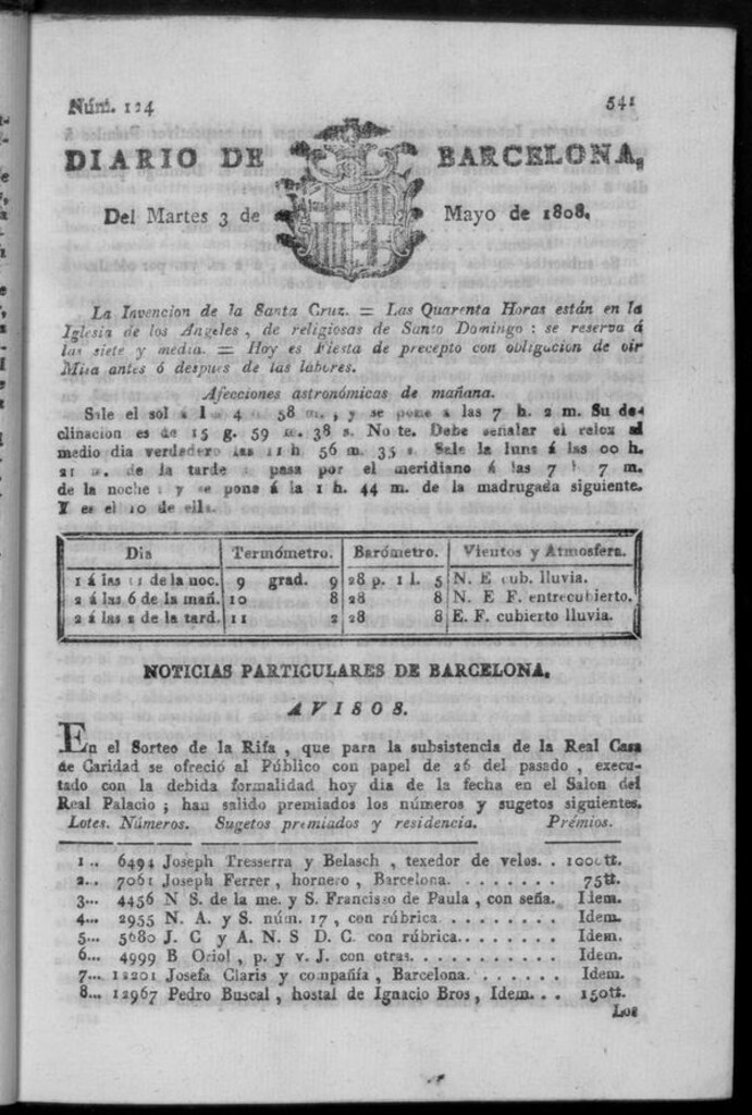 Miniatura de Diario de Barcelona del martes 3 de mayo de 1808