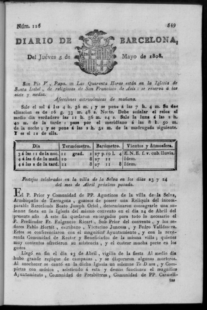 Miniatura de Diario de Barcelona del jueves 5 de mayo de 1808