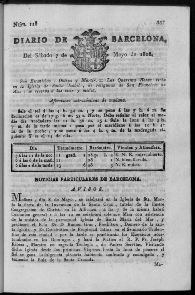 Miniatura de Diario de Barcelona del sábado 7 de mayo de 1808