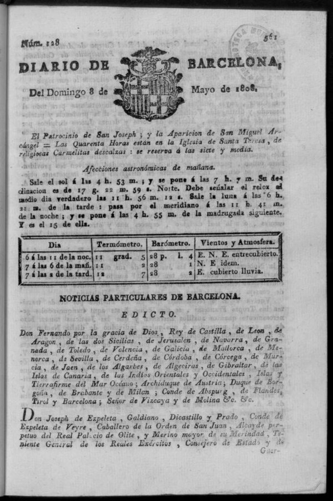 Miniatura de Diario de Barcelona del domingo 8 de mayo de 1808