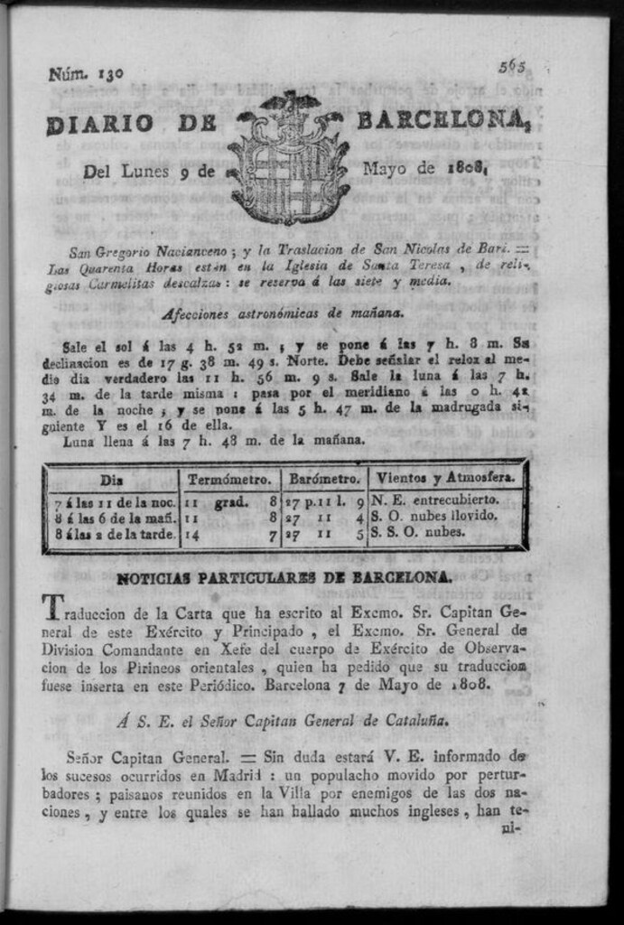 Miniatura de Diario de Barcelona del lunes 9 de mayo de 1808