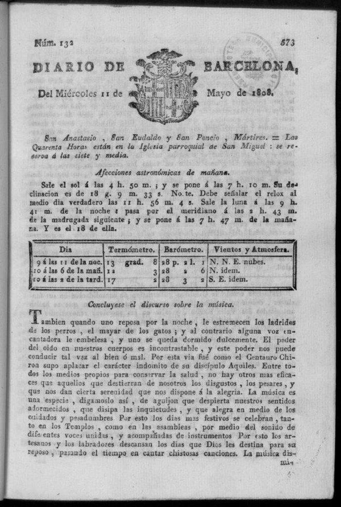 Miniatura de Diario de Barcelona del miércoles 11 de mayo de 1808