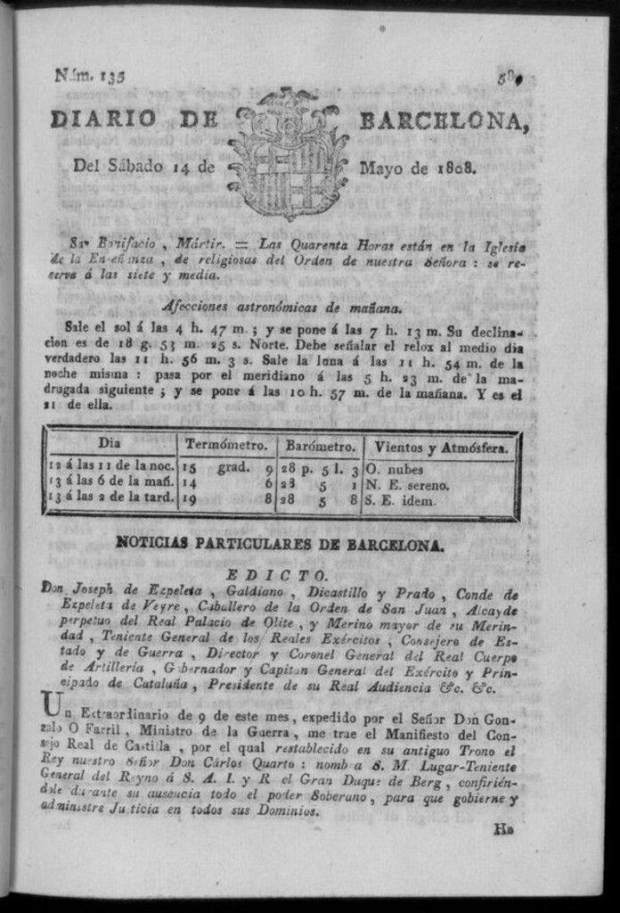 Miniatura de Diario de Barcelona del sábado 14 de mayo de 1808