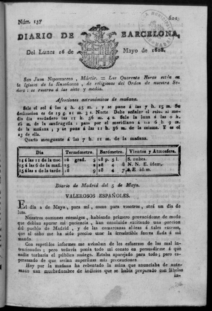 Miniatura de Diario de Barcelona del lunes 16 de mayo de 1808