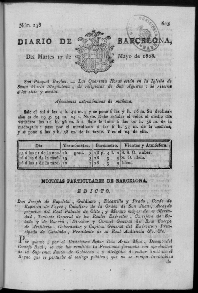 Miniatura de Diario de Barcelona del martes 17 de mayo de 1808